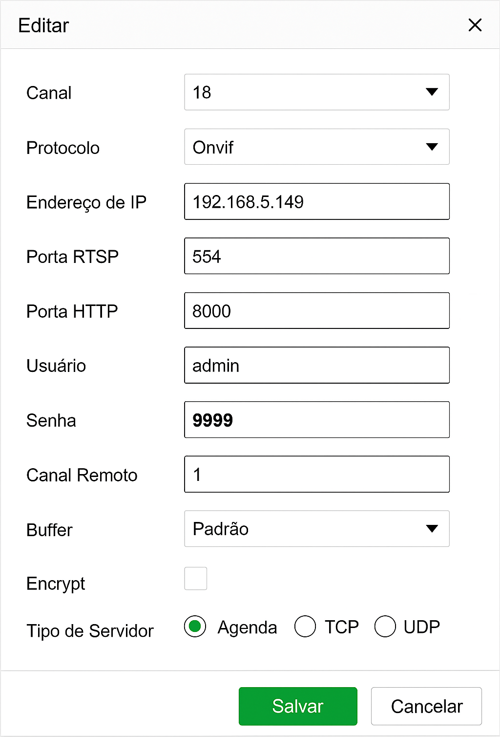 Configurações do ONVIF